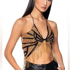 AKIRA Chain Detail Gold and Black Butterfly Beaded Strappy Top Size M / L
